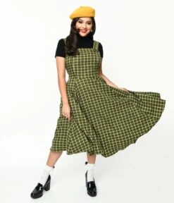 Collectif Green & White Checked Eloise Acres Swing Dress