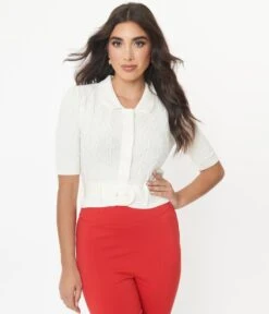 Collectif Ivory Belt Cable Knit Juniper Cardigan