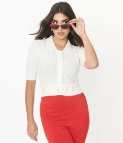 Collectif Ivory Belt Cable Knit Juniper Cardigan -New Dress Store collectif ivory belt cable knit juniper cardigan 899375