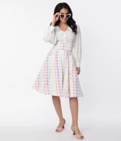 Collectif Pastel Rainbow Gingham Suspender Swing Skirt -New Dress Store collectif pastel rainbow gingham suspender swing skirt 196130