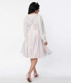 Collectif Pastel Rainbow Gingham Suspender Swing Skirt -New Dress Store collectif pastel rainbow gingham suspender swing skirt 211326