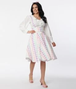 Collectif Pastel Rainbow Gingham Suspender Swing Skirt -New Dress Store collectif pastel rainbow gingham suspender swing skirt 547096