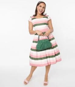Collectif Pink & Green Stripe Swing Dress -New Dress Store collectif pink green stripe swing dress 578712