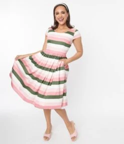Collectif Pink & Green Stripe Swing Dress -New Dress Store collectif pink green stripe swing dress 607159