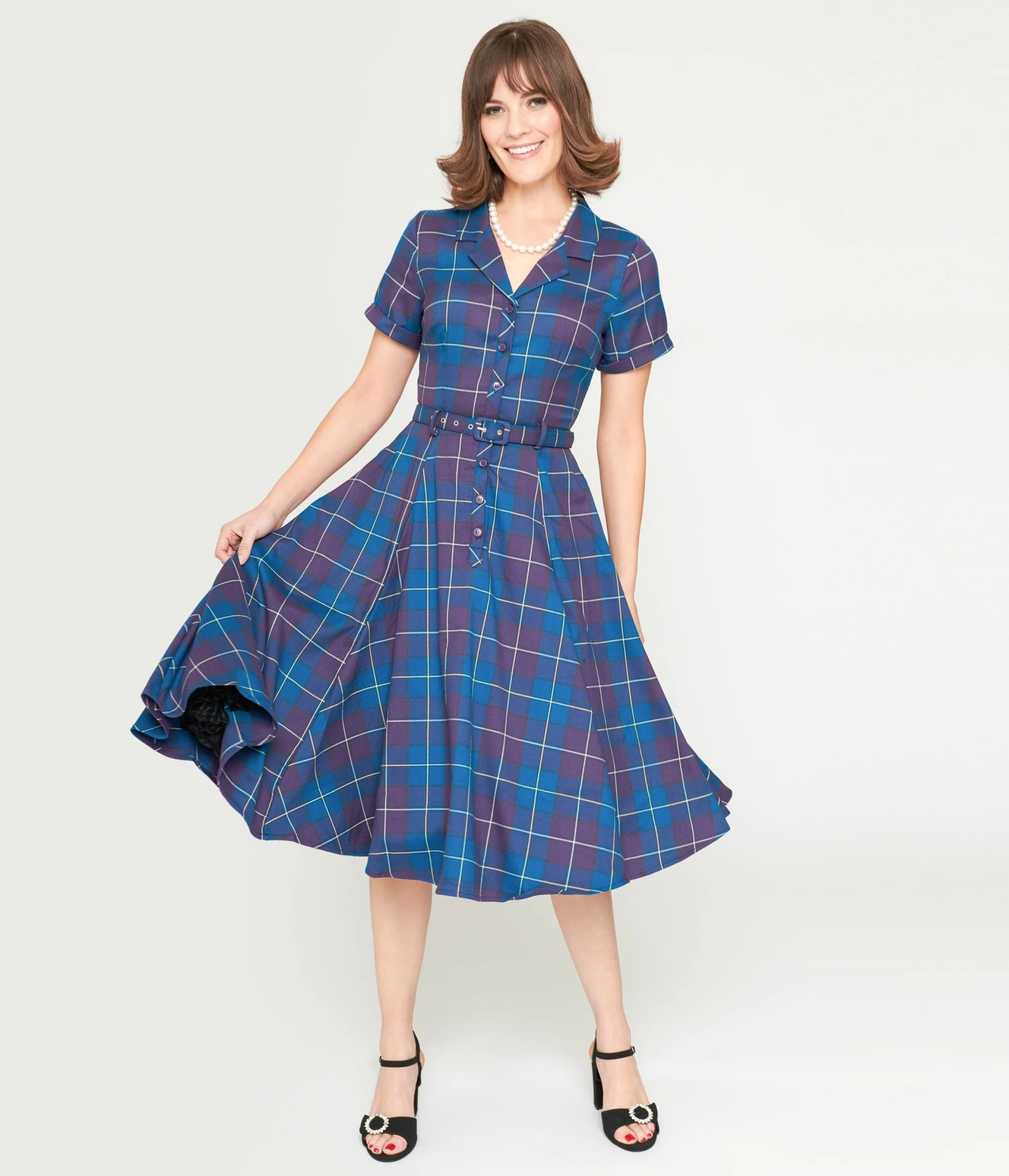 Collectif Teal & Purple Checkered Caterina Swing Dress 2 Collectif Teal & Purple Checkered Caterina Swing Dress - Image 2