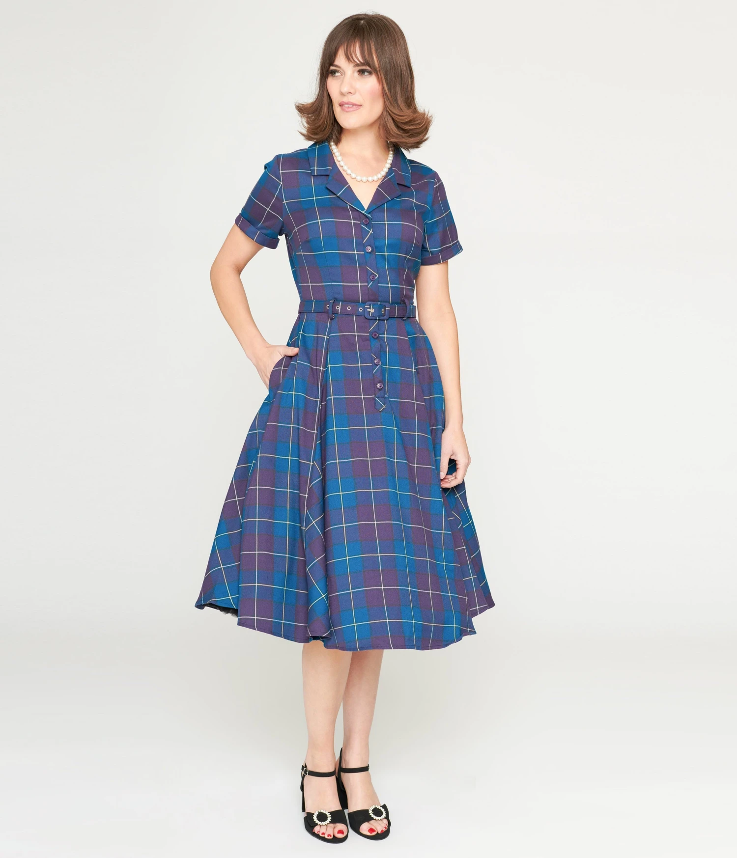 Collectif Teal & Purple Checkered Caterina Swing Dress 1 Collectif Teal & Purple Checkered Caterina Swing Dress