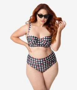 Collectif X Playful Promises Black & White Gingham Watermelon Print Swim Bottoms -New Dress Store collectif x playful promises black white gingham watermelon print swim bottoms 106006