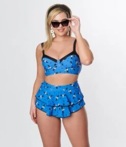 Corpse Bride X Unique Vintage Blue & Flying Skulls Ruffle Swim Bottom -New Dress Store corpse bride x unique vintage blue flying skulls ruffle swim bottom 114190