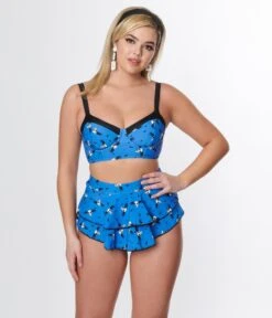 Corpse Bride X Unique Vintage Blue & Flying Skulls Ruffle Swim Bottom -New Dress Store corpse bride x unique vintage blue flying skulls ruffle swim bottom 601793