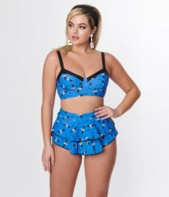 Corpse Bride X Unique Vintage Blue & Flying Skulls Ruffle Swim Bottom