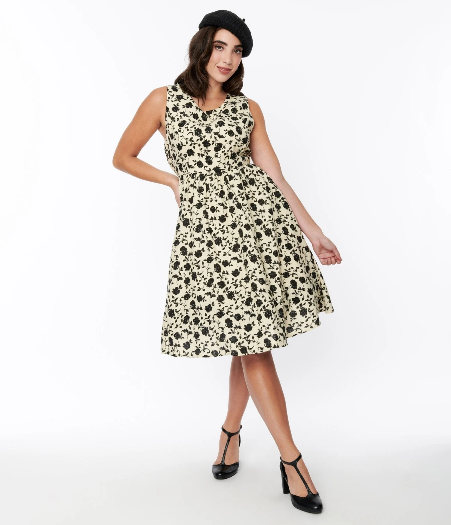 Cream & Black Floral Swing Dress 2 Cream & Black Floral Swing Dress - Image 2