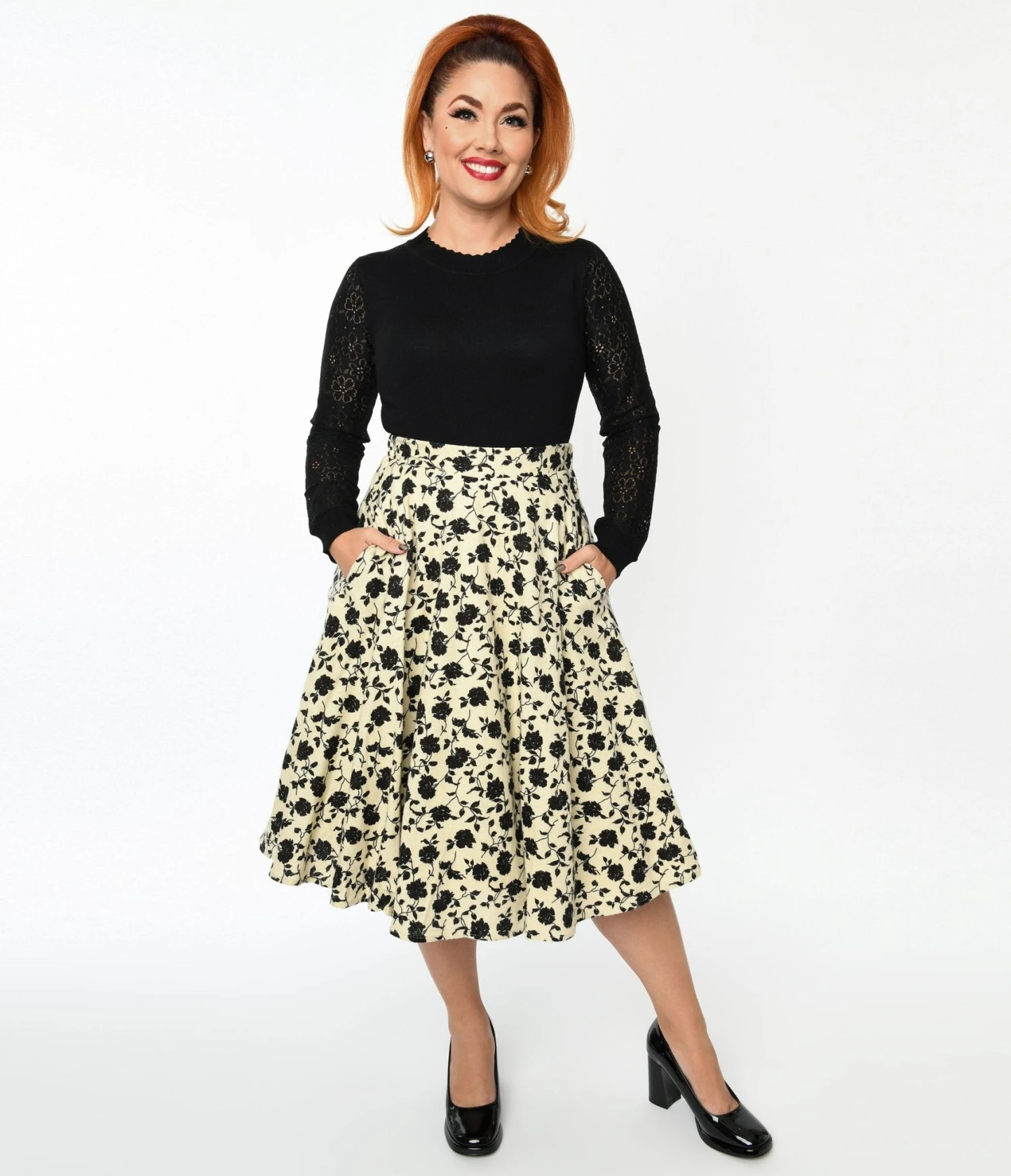 Cream & Black Floral Swing Skirt 1 Cream & Black Floral Swing Skirt