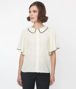 Cream & Black Trim Top -New Dress Store cream black trim top 570102