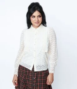 Cream Lace Button Up Long Sleeve Blouse -New Dress Store cream lace button up long sleeve blouse 154861