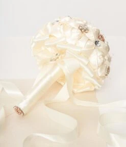 Cream Satin Floral & Rhinestone Bridal Bouquet -New Dress Store cream satin floral rhinestone bridal bouquet 600073