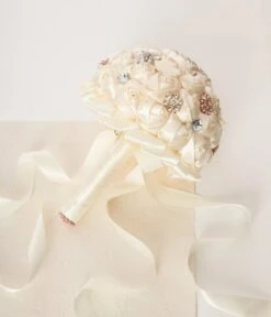 Cream Satin Floral & Rhinestone Bridal Bouquet