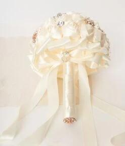 Cream Satin Floral & Rhinestone Bridal Bouquet -New Dress Store cream satin floral rhinestone bridal bouquet 621788