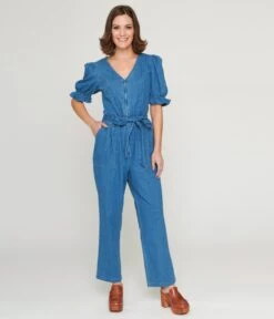 Denim Puff Sleeve Jumpsuit