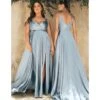 Cinderella Divine Dusty Blue Flowy Satin A-Line Bridesmaid Gown