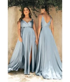 Cinderella Divine Dusty Blue Flowy Satin A-Line Bridesmaid Gown