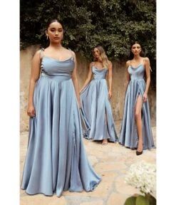 Cinderella Divine Dusty Blue Liquid Satin Prom Gown