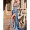 Cinderella Divine Dusty Blue Satin Fitted Beaded Slit Evening Gown