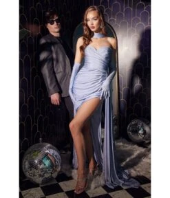 Cinderella Divine Dusty Blue Satin Strapless Halter Prom Gown With Gloves
