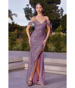 Cinderella Divine Dusty Lavender Sequin Cold Shoulder Bridesmaid Gown