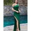 Cinderella Divine Emerald Asymmetrical Shoulder Satin Bridesmaid Dress