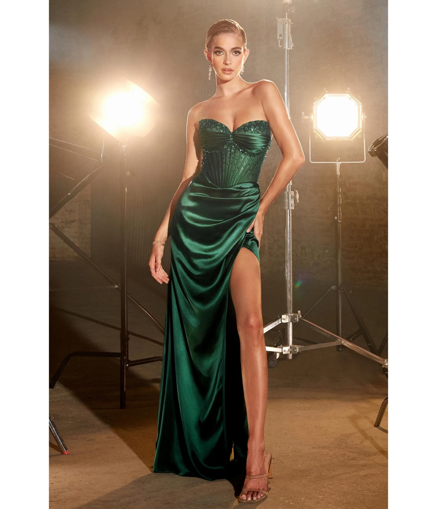 Cinderella Divine Emerald Beaded Satin Corset Prom Dress 2 Cinderella Divine Emerald Beaded Satin Corset Prom Dress - Image 2
