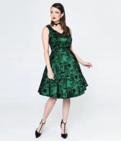 Emerald Green & Black Peacock Deco Print Eileen Flare Dress