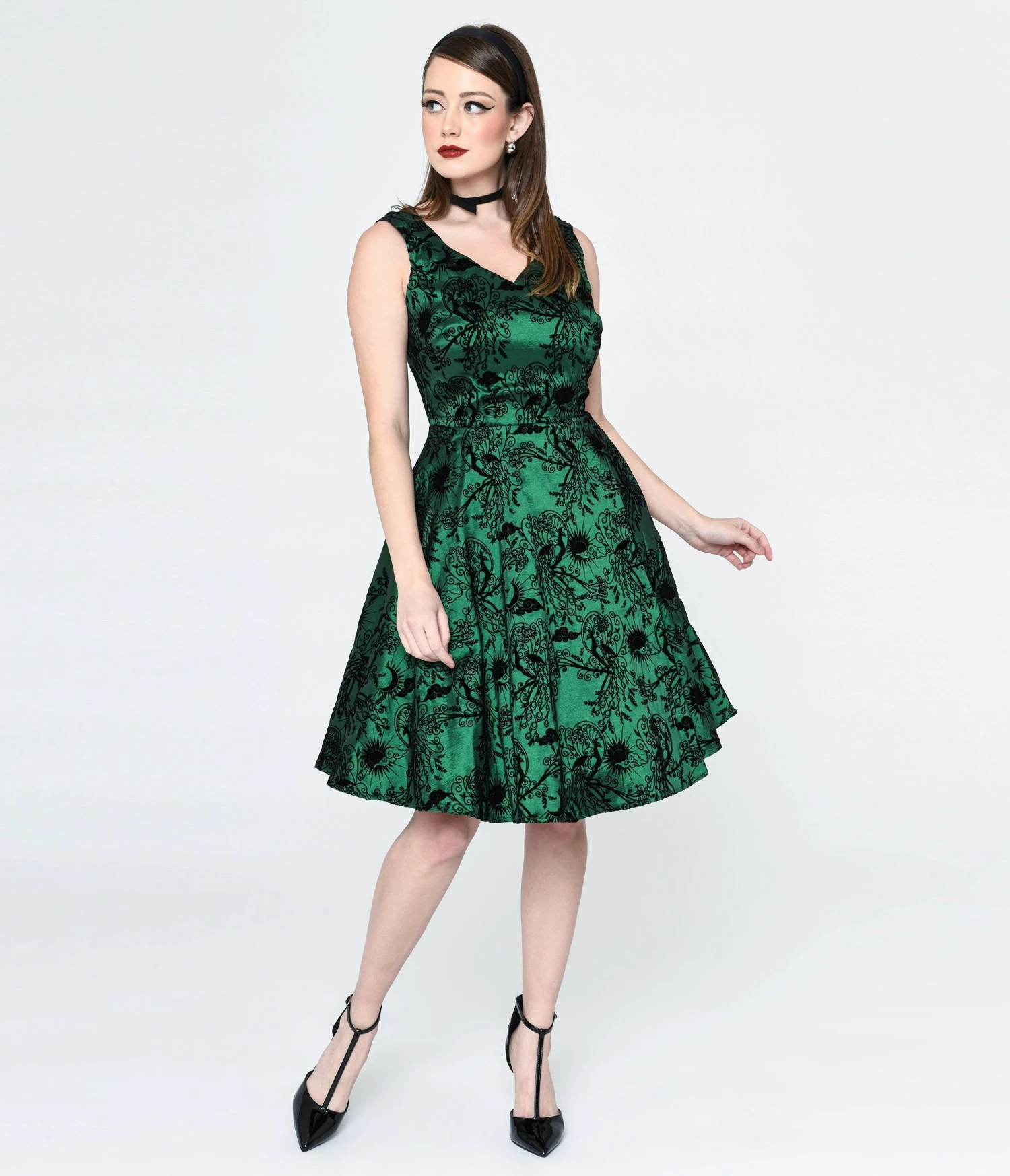 Emerald Green & Black Peacock Deco Print Eileen Flare Dress 1 Emerald Green & Black Peacock Deco Print Eileen Flare Dress