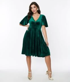 Emerald Green Velvet Flutter Sleeve Swing Dress -New Dress Store emerald green velvet flutter sleeve swing dress 316705