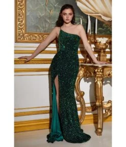 Cinderella Divine Emerald One Shoulder Velvet Sequin Bridesmaid Gown