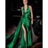 Cinderella Divine Emerald Pleated Satin Halter Fitted Slit Dress