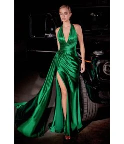 Cinderella Divine Emerald Pleated Satin Halter Fitted Slit Dress