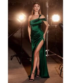 Cinderella Divine Emerald Ruched Satin One Shoulder Evening Gown