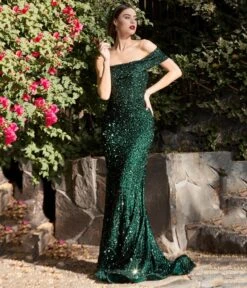 Cinderella Divine Emerald Sequin One Shoulder Mermaid Prom Gown