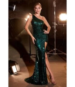 Cinderella Divine Emerald Sequin One Shoulder Slit Evening Gown