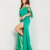 Jovani Emerald Stretch Satin Off The Shoulder Corset Evening Gown