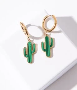 Enamel Cactus Mini Hoop Dangle Earrings