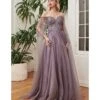 Cinderella Divine English Violet Sequin Embellished Cape Sleeve Prom Dress