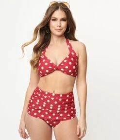 Esther Williams 1950s Retro Red & Ivory Dot High Waist Swim Bottoms -New Dress Store esther williams 1950s retro red ivory dot high waist swim bottoms 319565