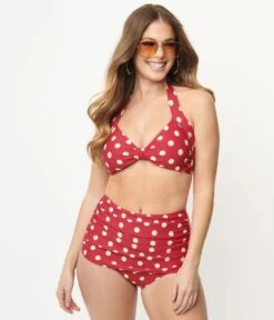 Esther Williams 1950s Retro Red & Ivory Dot High Waist Swim Bottoms -New Dress Store esther williams 1950s retro red ivory dot high waist swim bottoms 510133