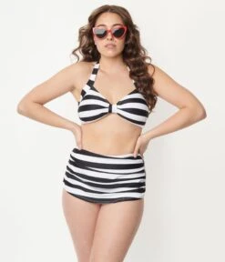 Esther Williams 1950s Retro Style Black & White Stripe Bikini Set -New Dress Store esther williams 1950s retro style black white stripe bikini set 432198