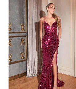 Cinderella Divine Fuchsia Pailllette Sequin Sheath Evening Gown
