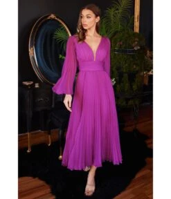 Cinderella Divine Fuchsia Pleated Midi Bridesmaid Dress