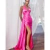 Cinderella Divine Fuchsia Pleated Satin Halter Fitted Slit Dress