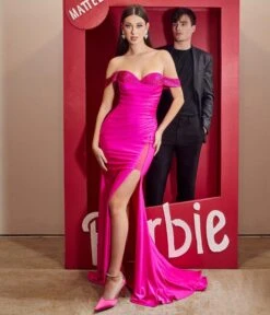 Cinderella Divine Fuchsia Rhinestone & Satin Off The Shoulder Prom Gown