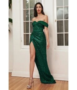 Cinderella Divine Glamorous Emerald Off Shoulder Sequin Prom Gown